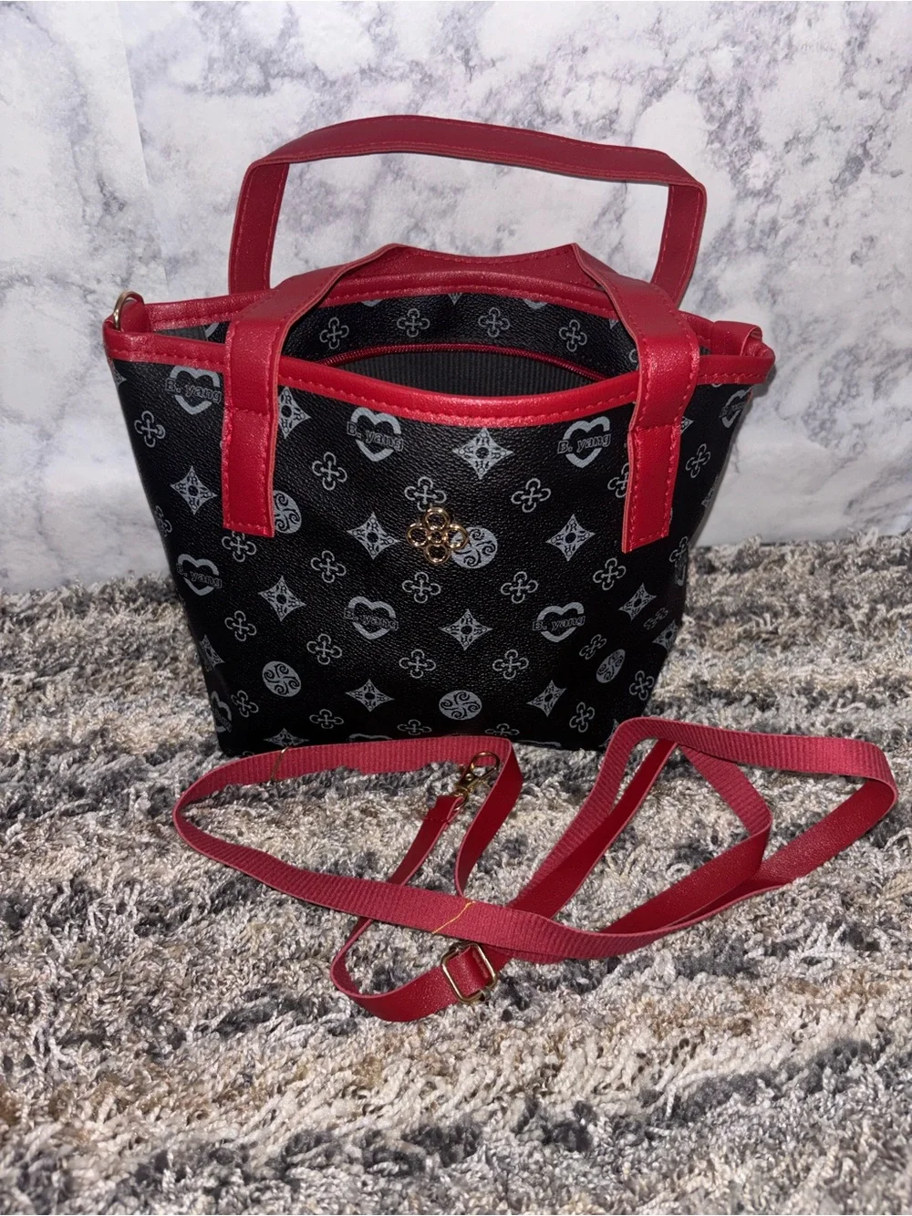 Black Patterned Crossbody Tote with Red Trim